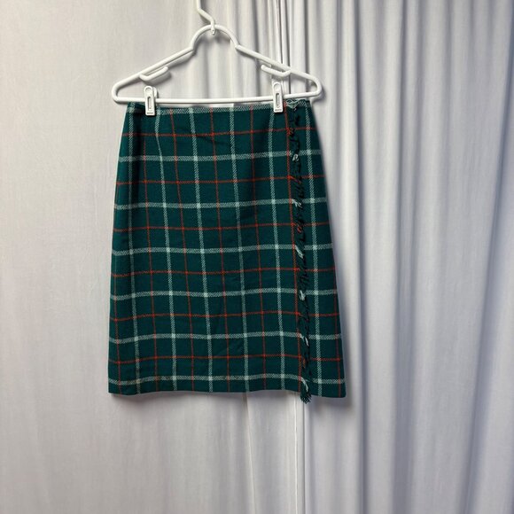 Vintage Evan-Picone Green Plaid Wool Skirt Womens Size 14 Fringe Classic Western - Picture 1 of 7